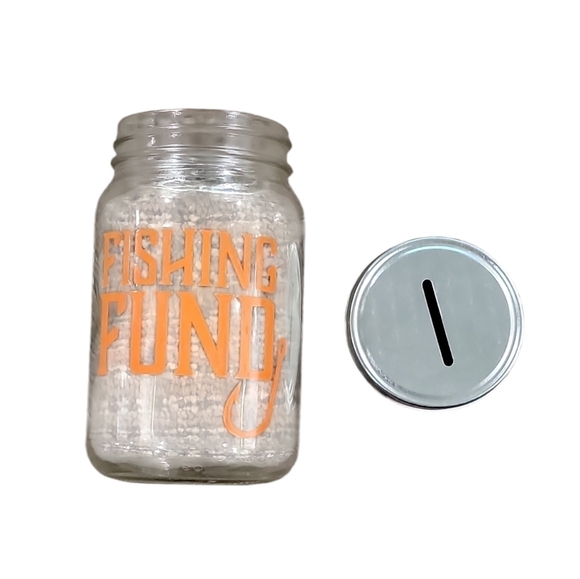 Bank glass jar with screw on lid says Fising Fund top has an opening for coins - Picture 2 of 4